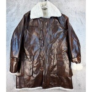 Men’s Faux Leather Sherpa Lined Rancher Coat Brown Shearling Car Jacket L